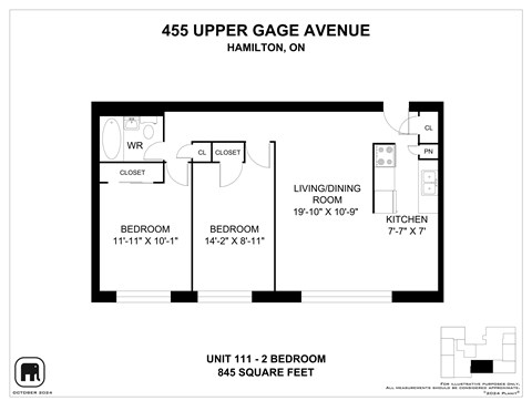 Floor plan for 2 beds, 1 bath